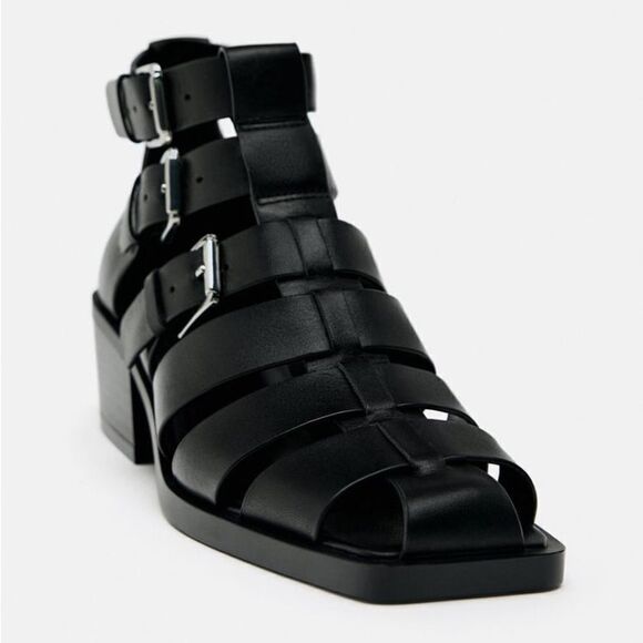 ZARA HEELED BUCKLED GENUINE LEATHER CAGE SANDALS - Picture 6 of 14